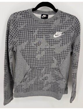 Nike Boys Gray Grid-Patterned Sweatshirt With Kangaroo Pocket Size L